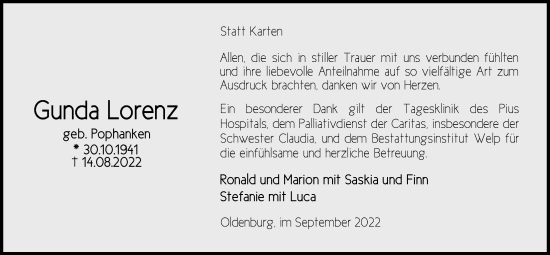 Traueranzeige von Gunda Lorenz von Nordwest-Zeitung
