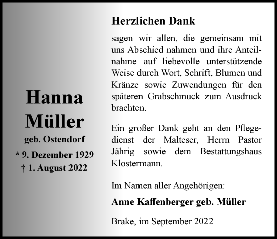 Traueranzeige von Hanna Müller von Nordwest-Zeitung