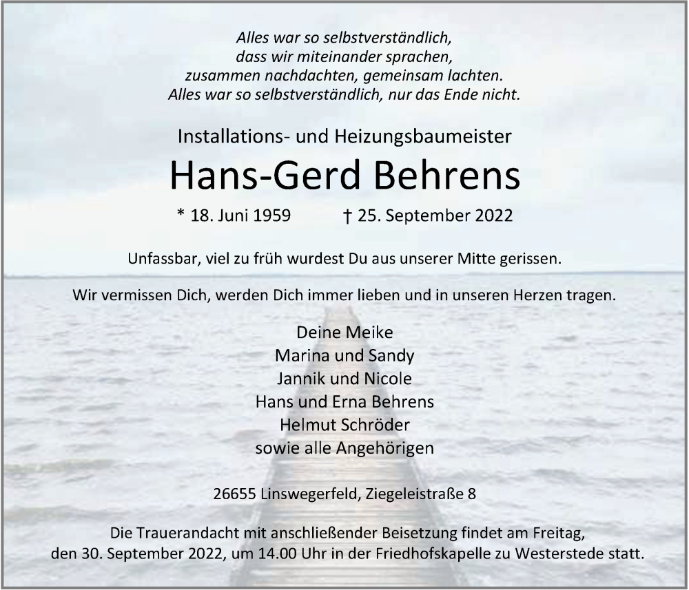  Traueranzeige für Hans-Gerd Behrens vom 28.09.2022 aus Nordwest-Zeitung