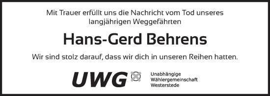 Traueranzeige von Hans-Gerd Behrens von Nordwest-Zeitung