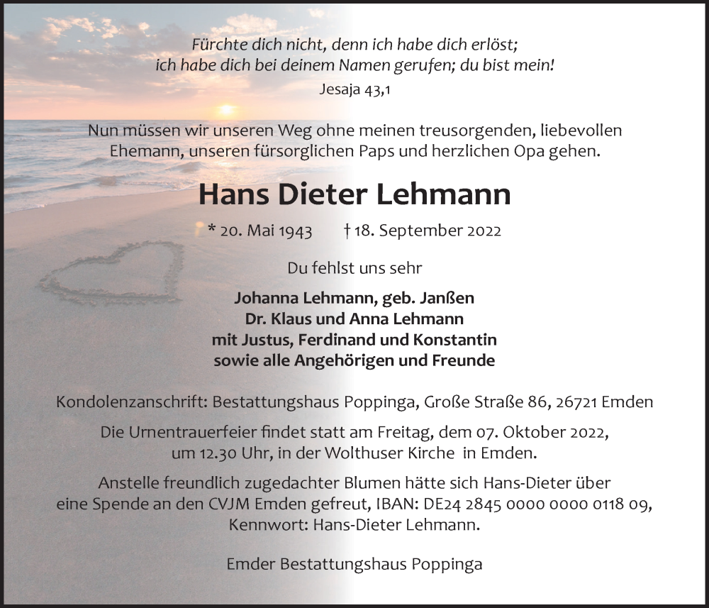  Traueranzeige für Hans Dieter Lehmann vom 24.09.2022 aus Emder Zeitung
