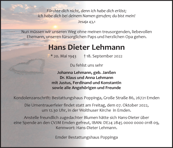 Traueranzeige von Hans Dieter Lehmann von Emder Zeitung