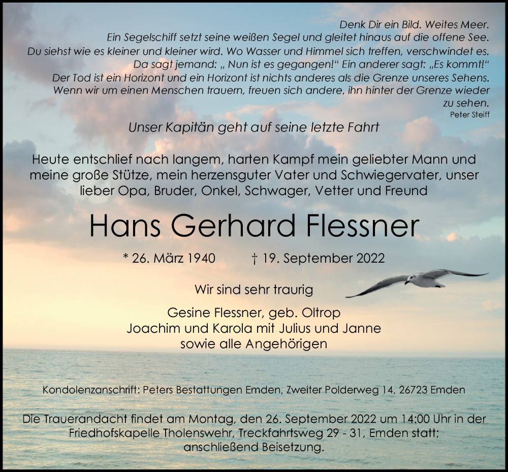  Traueranzeige für Hans Gerhard Flessner vom 22.09.2022 aus Emder Zeitung