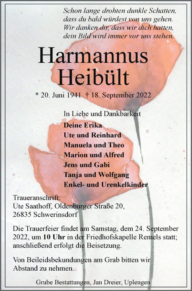  Traueranzeige für Harmannus Heibült vom 21.09.2022 aus Nordwest-Zeitung