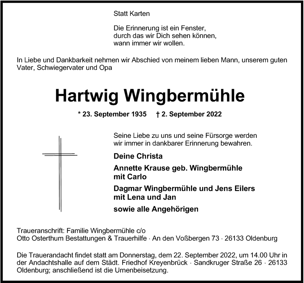  Traueranzeige für Hartwig Wingbermühle vom 10.09.2022 aus Nordwest-Zeitung