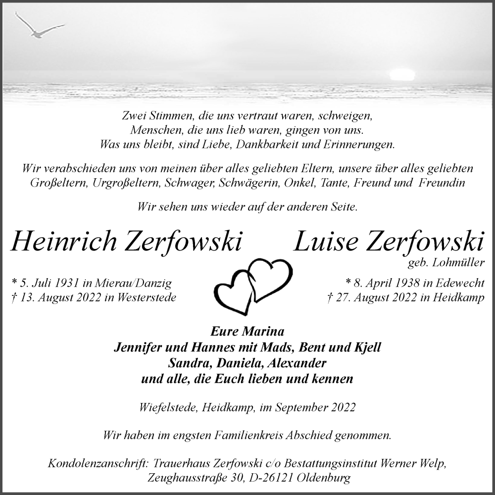  Traueranzeige für Heinrich und Luise Zerfowski vom 10.09.2022 aus Nordwest-Zeitung