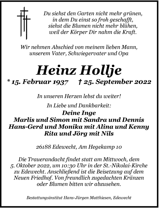 Traueranzeige von Heinz Hollje von Nordwest-Zeitung