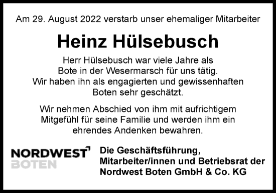 Traueranzeige von Heinz Hülsebusch von Nordwest-Zeitung