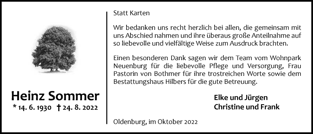  Traueranzeige für Heinz Sommer vom 01.10.2022 aus Nordwest-Zeitung
