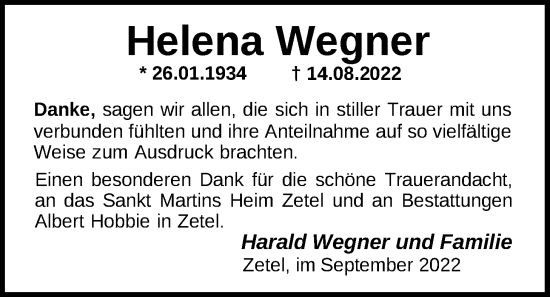 Traueranzeigen von Helena Wegner | nordwest-trauer.de