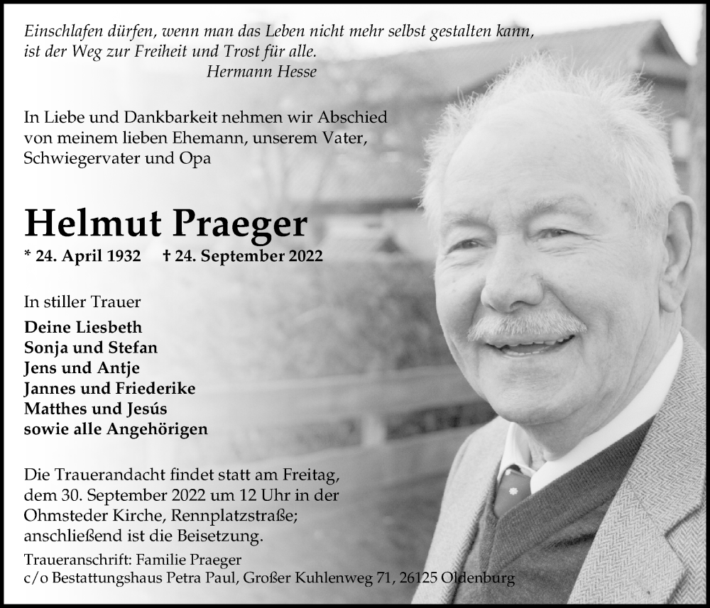  Traueranzeige für Helmut Praeger vom 27.09.2022 aus Nordwest-Zeitung