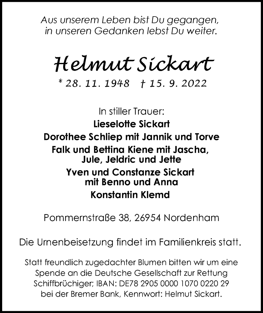  Traueranzeige für Helmut Sickart vom 17.09.2022 aus Nordwest-Zeitung