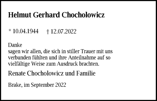 Traueranzeige von Helmut Gerhard Chocholowicz von Nordwest-Zeitung