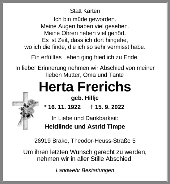 Traueranzeige von Herta Frerichs von Nordwest-Zeitung