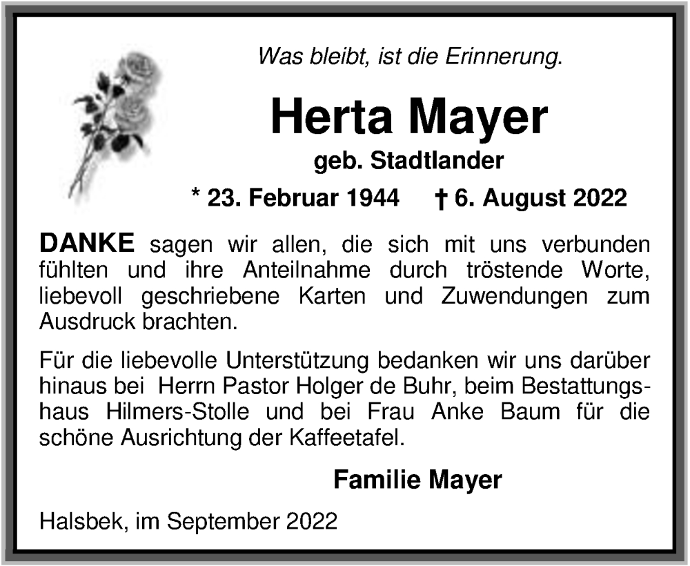  Traueranzeige für Herta Mayer vom 17.09.2022 aus Nordwest-Zeitung