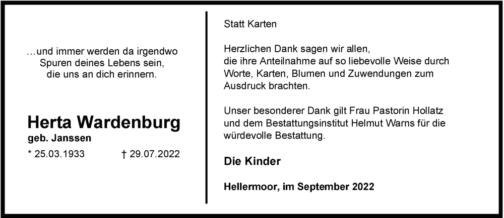  Traueranzeige für Herta Wardenburg vom 03.09.2022 aus Nordwest-Zeitung