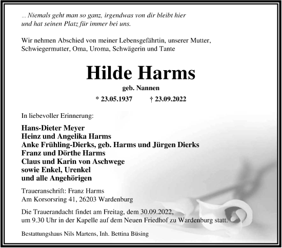 Traueranzeige von Hilde Harms von Nordwest-Zeitung