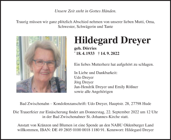 Traueranzeige von Hildegard Dreyer von Nordwest-Zeitung