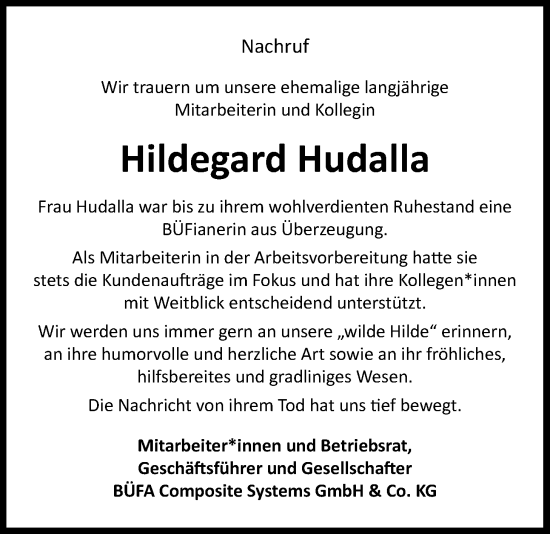 Traueranzeige von Hildegard Hudalla von Nordwest-Zeitung