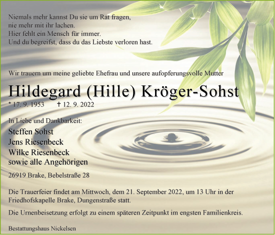 Traueranzeige von Hildegard Kröger-Sohst von Nordwest-Zeitung