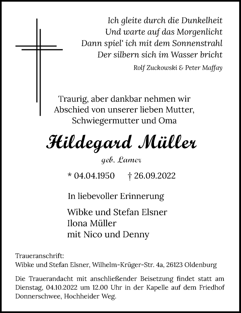  Traueranzeige für Hildegard Müller vom 28.09.2022 aus Nordwest-Zeitung