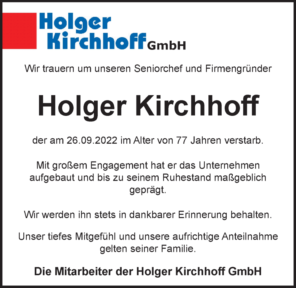  Traueranzeige für Holger Kirchhoff vom 01.10.2022 aus Nordwest-Zeitung