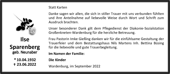 Traueranzeige von Ilse Sparenberg von Nordwest-Zeitung