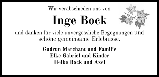 Traueranzeige von Inge Bock von Nordwest-Zeitung