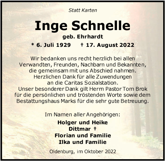 Traueranzeige von Inge Schnelle von Nordwest-Zeitung