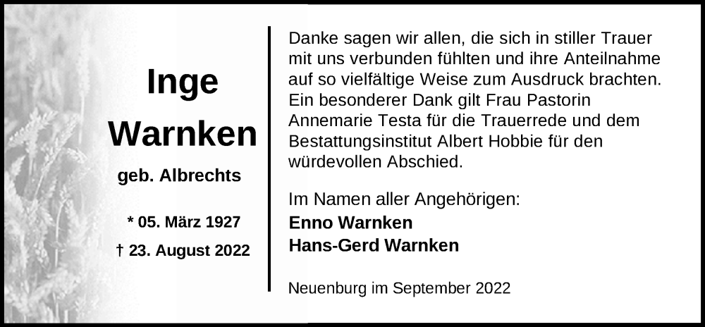  Traueranzeige für Inge Warnken vom 23.09.2022 aus Nordwest-Zeitung