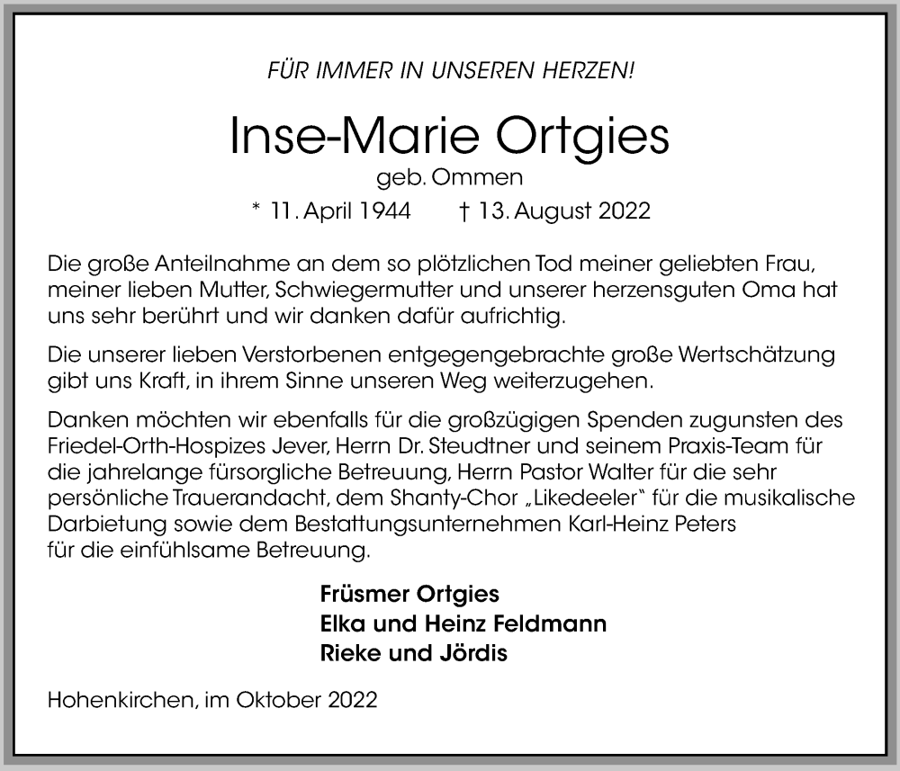  Traueranzeige für Inse-Marie Ortgies vom 01.10.2022 aus Nordwest-Zeitung