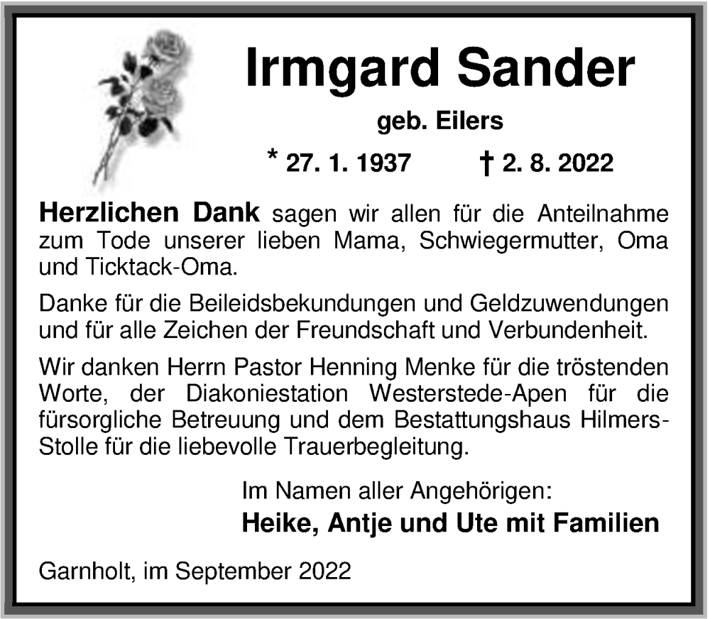  Traueranzeige für Irmgard Sander vom 10.09.2022 aus Nordwest-Zeitung