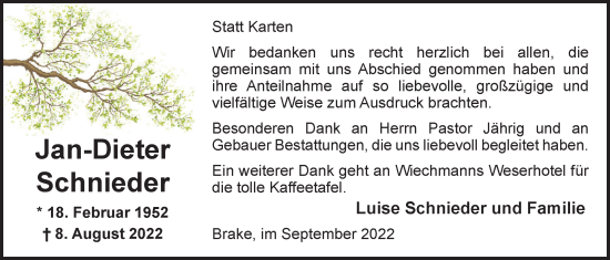 Traueranzeige von Jan-Dieter Schnieder von Nordwest-Zeitung