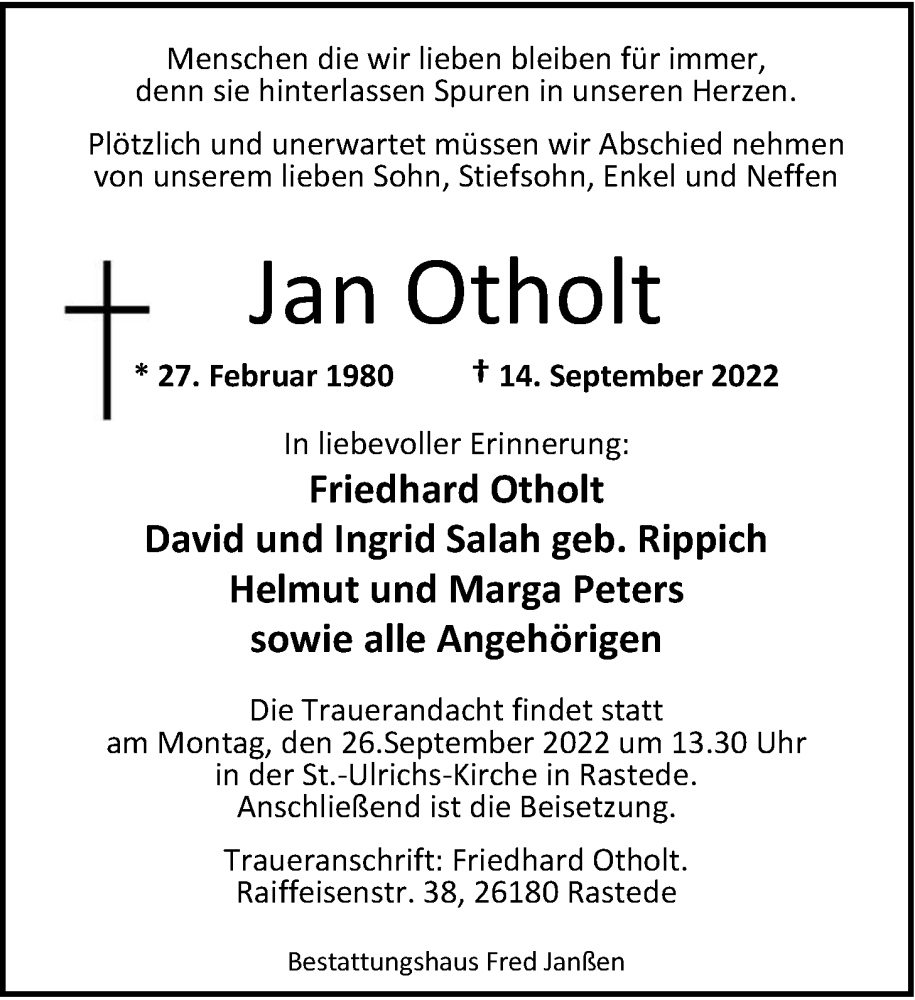  Traueranzeige für Jan Otholt vom 21.09.2022 aus Nordwest-Zeitung