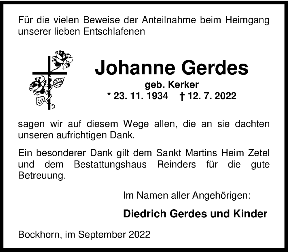  Traueranzeige für Johanne Gerdes vom 10.09.2022 aus Nordwest-Zeitung