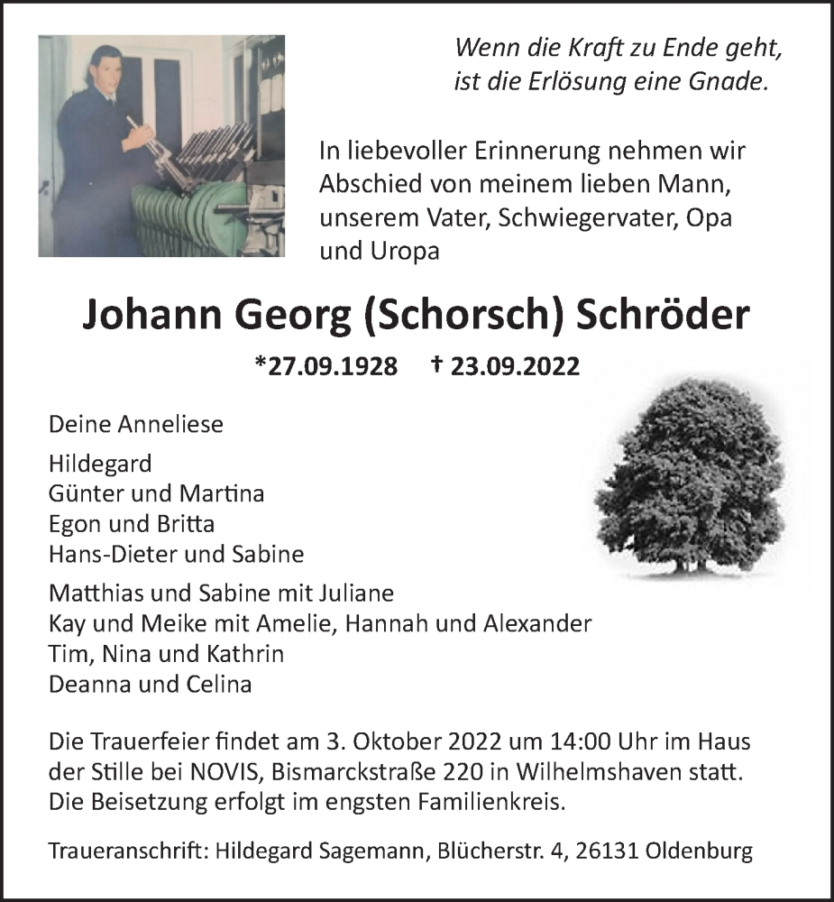  Traueranzeige für Johann Georg Schröder vom 01.10.2022 aus Nordwest-Zeitung