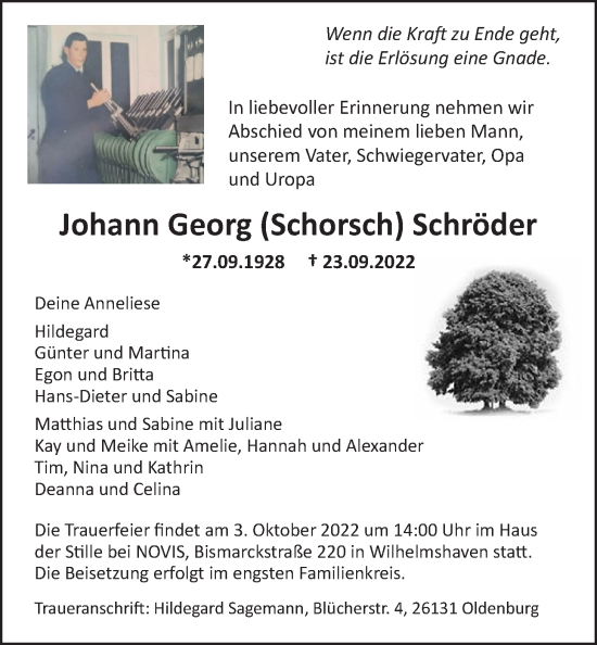 Traueranzeige von Johann Georg Schröder von Nordwest-Zeitung