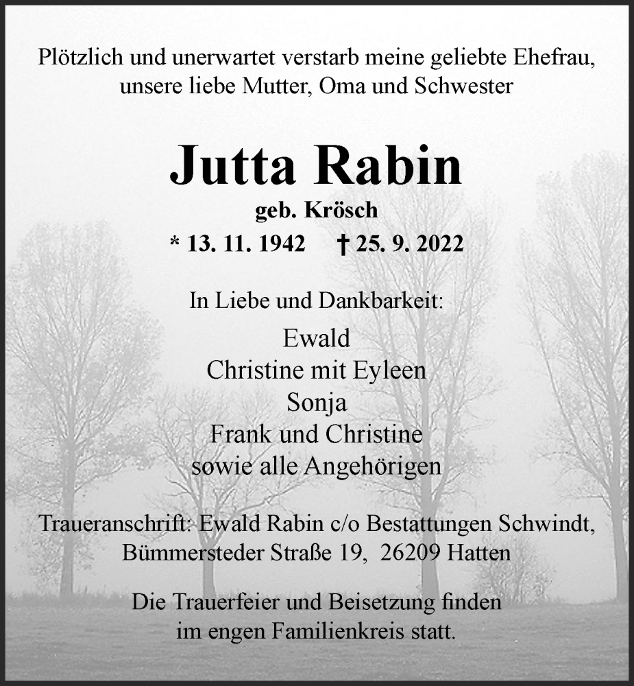  Traueranzeige für Jutta Rabin vom 30.09.2022 aus Nordwest-Zeitung