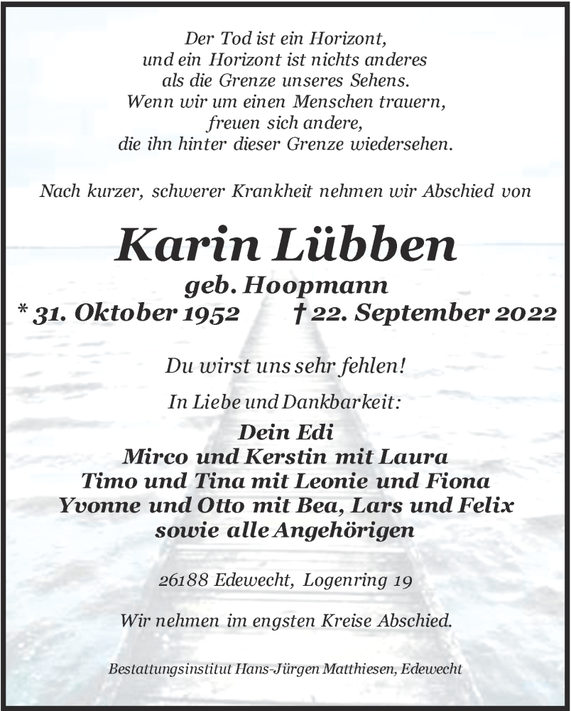  Traueranzeige für Karin Lübben vom 27.09.2022 aus Nordwest-Zeitung
