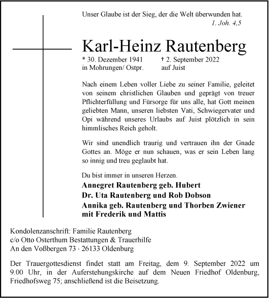 Traueranzeige von Karl-Heinz Rautenberg von Nordwest-Zeitung
