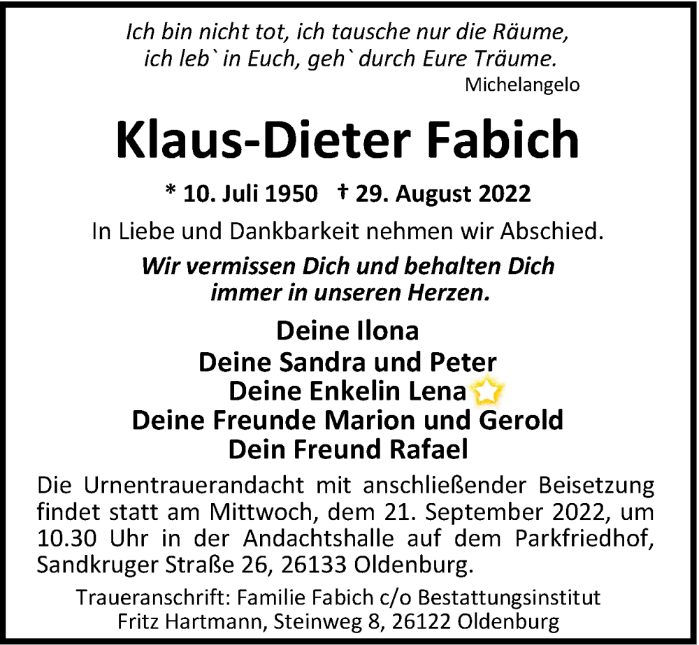  Traueranzeige für Klaus-Dieter Fabich vom 10.09.2022 aus Nordwest-Zeitung