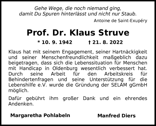 Traueranzeige von Klaus Struve von Nordwest-Zeitung