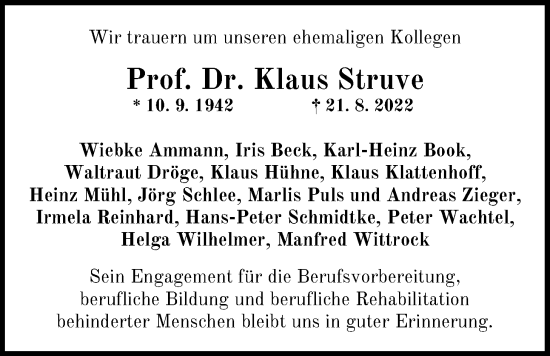 Traueranzeige von Klaus Struve von Nordwest-Zeitung