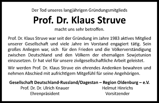 Traueranzeige von Klaus Struve von Nordwest-Zeitung