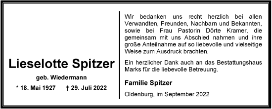 Traueranzeige von Lieselotte Spitzer von Nordwest-Zeitung