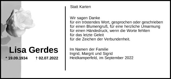 Traueranzeige von Lisa Gerdes von Nordwest-Zeitung