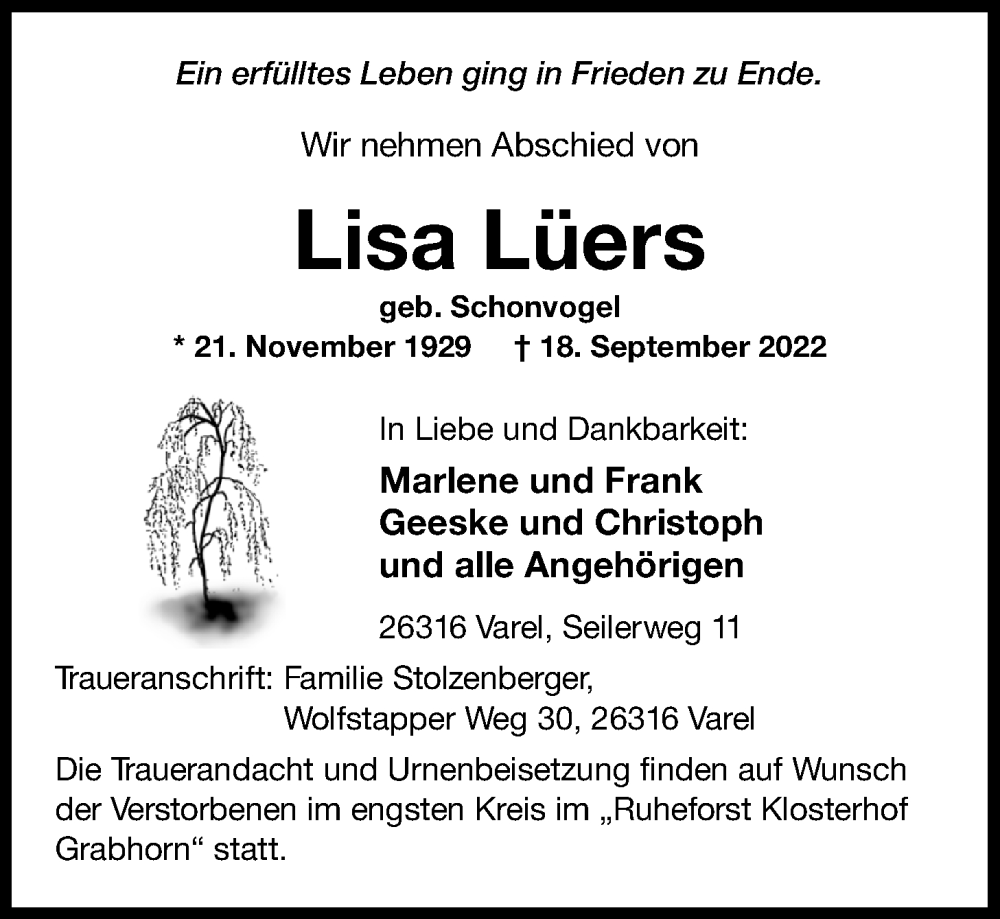  Traueranzeige für Lisa Lüers vom 23.09.2022 aus Nordwest-Zeitung