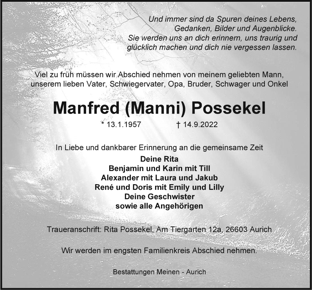  Traueranzeige für Manfred Possekel vom 24.09.2022 aus Emder Zeitung