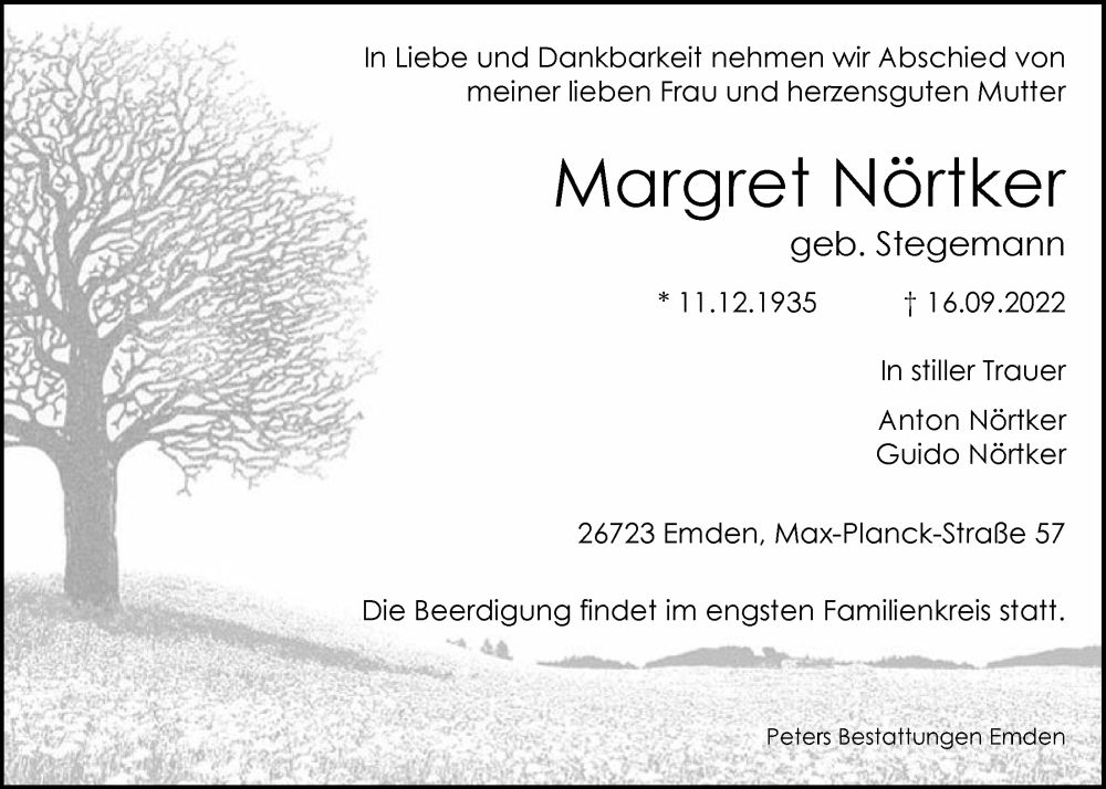  Traueranzeige für Margret Nörtker vom 20.09.2022 aus Emder Zeitung