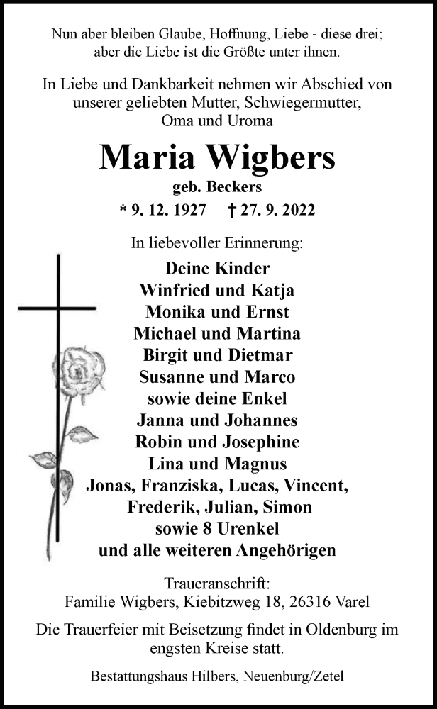  Traueranzeige für Maria Wigbers vom 01.10.2022 aus Nordwest-Zeitung